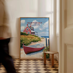 Nantucket Massachusetts travel poster with red cottage, boat, and beach, framed wall art for home decor