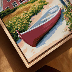 Red rowboat canvas art with coastal house, perfect for home decor wall art