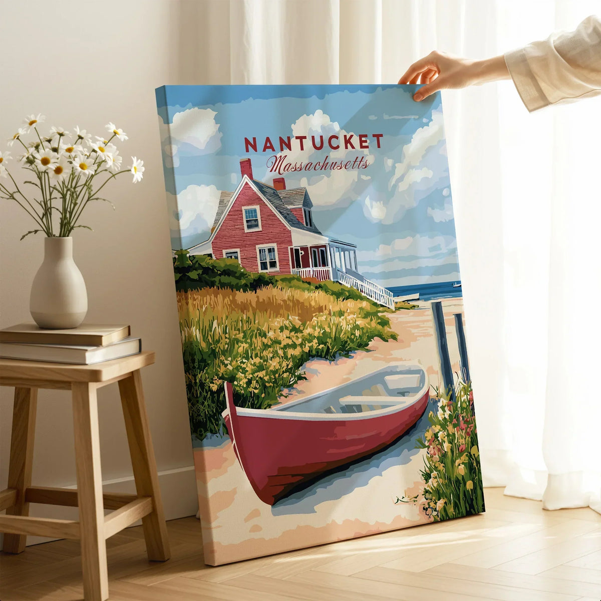 Nantucket Massachusetts travel poster canvas with red cottage, boat, and coastal scenery for home wall art