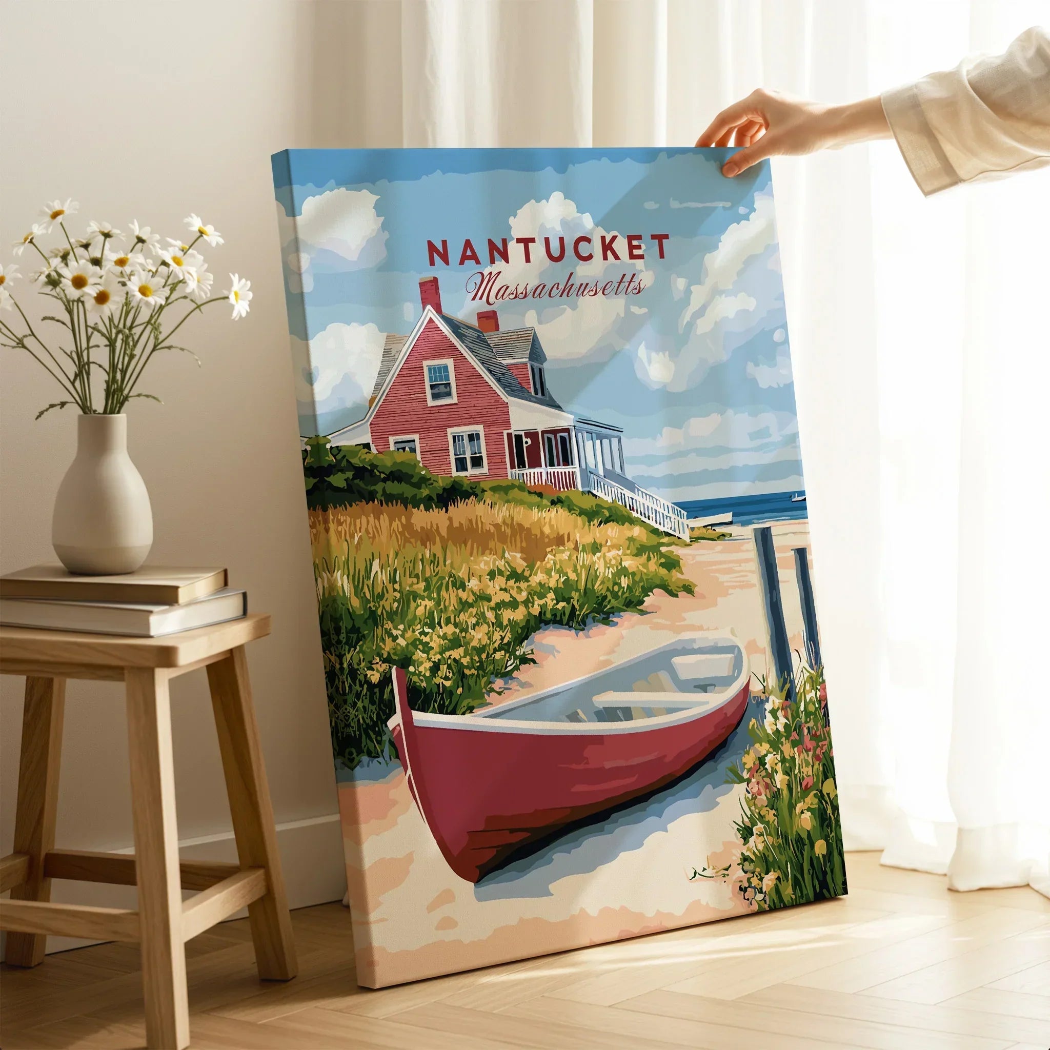 Nantucket Massachusetts travel poster canvas with red cottage, boat, and coastal scenery for home wall art