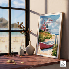 Nantucket Massachusetts travel poster with red cottage and boat, coastal wall art for home decor