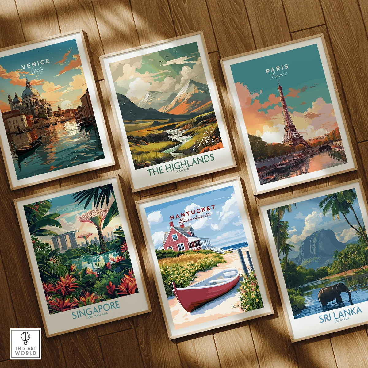 Framed travel posters of Venice, Paris, Scotland, Singapore, Nantucket, and Sri Lanka for wall art decor
