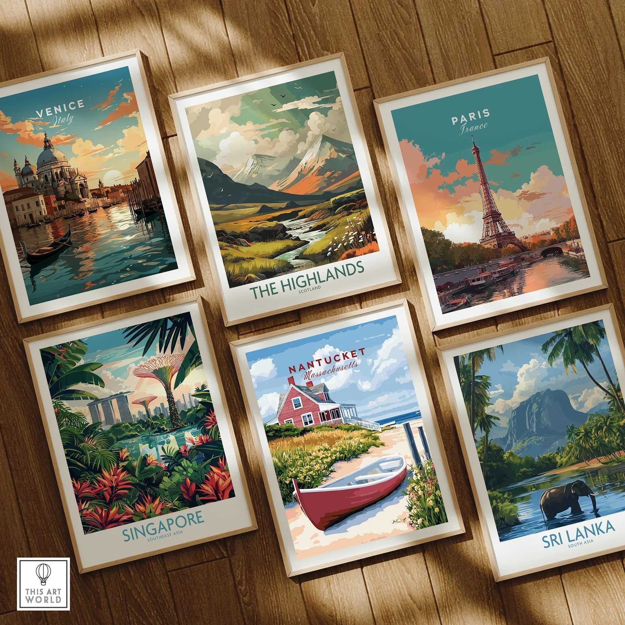 Framed travel posters of Venice, Paris, Scotland, Singapore, Nantucket, and Sri Lanka for wall art decor