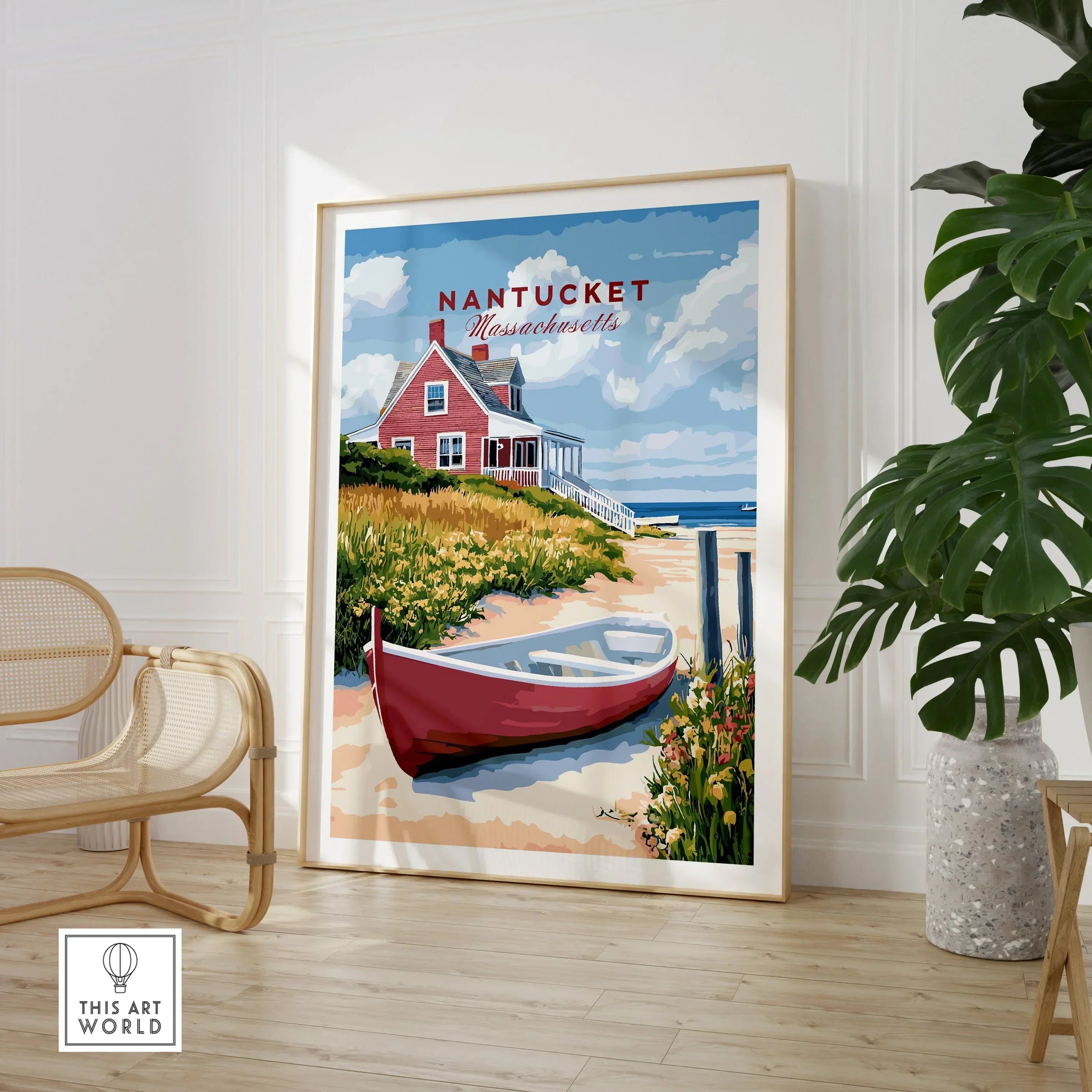 Nantucket Massachusetts travel poster with red cottage, boat, and beach, ideal wall art for coastal home decor
