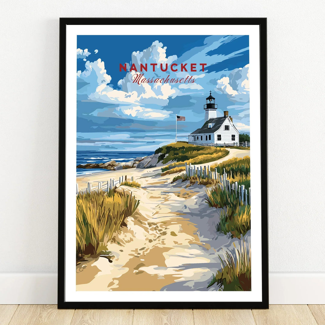 Nantucket Massachusetts travel poster with lighthouse, sandy path, and coastal scenery for wall art decor