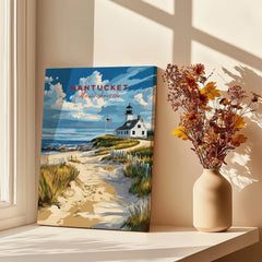 Nantucket Massachusetts travel poster with lighthouse, beach path, and coastal scenery for home wall art