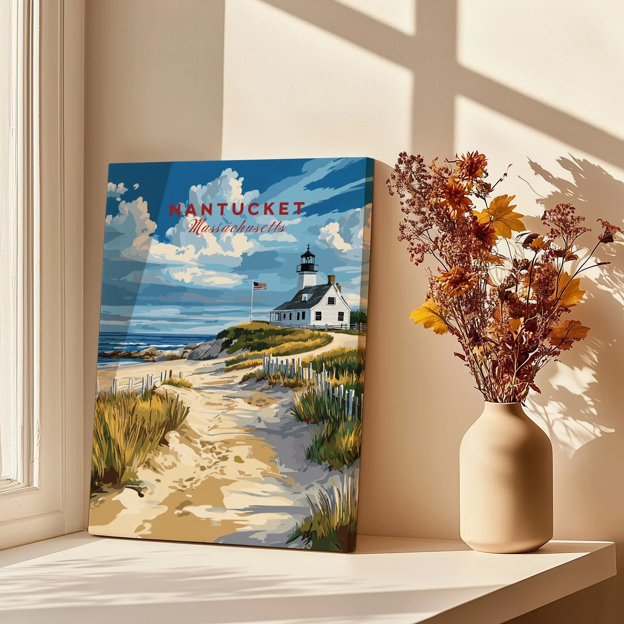 Nantucket Massachusetts travel poster with lighthouse, beach path, and coastal scenery for home wall art