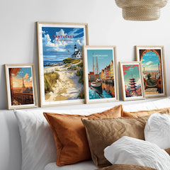 Travel posters of Paris, Nantucket, Copenhagen, Tokyo, and Barcelona for wall art decor