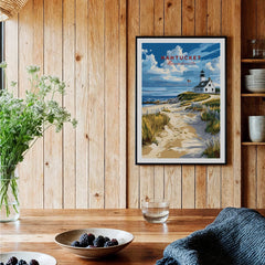 Nantucket Massachusetts travel poster with lighthouse, beach path, and coastal scenery for home wall art