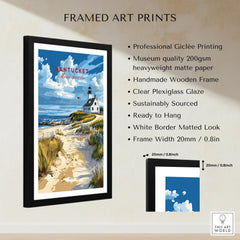 Nantucket Massachusetts travel poster print with lighthouse, beach path, and blue sky in black frame