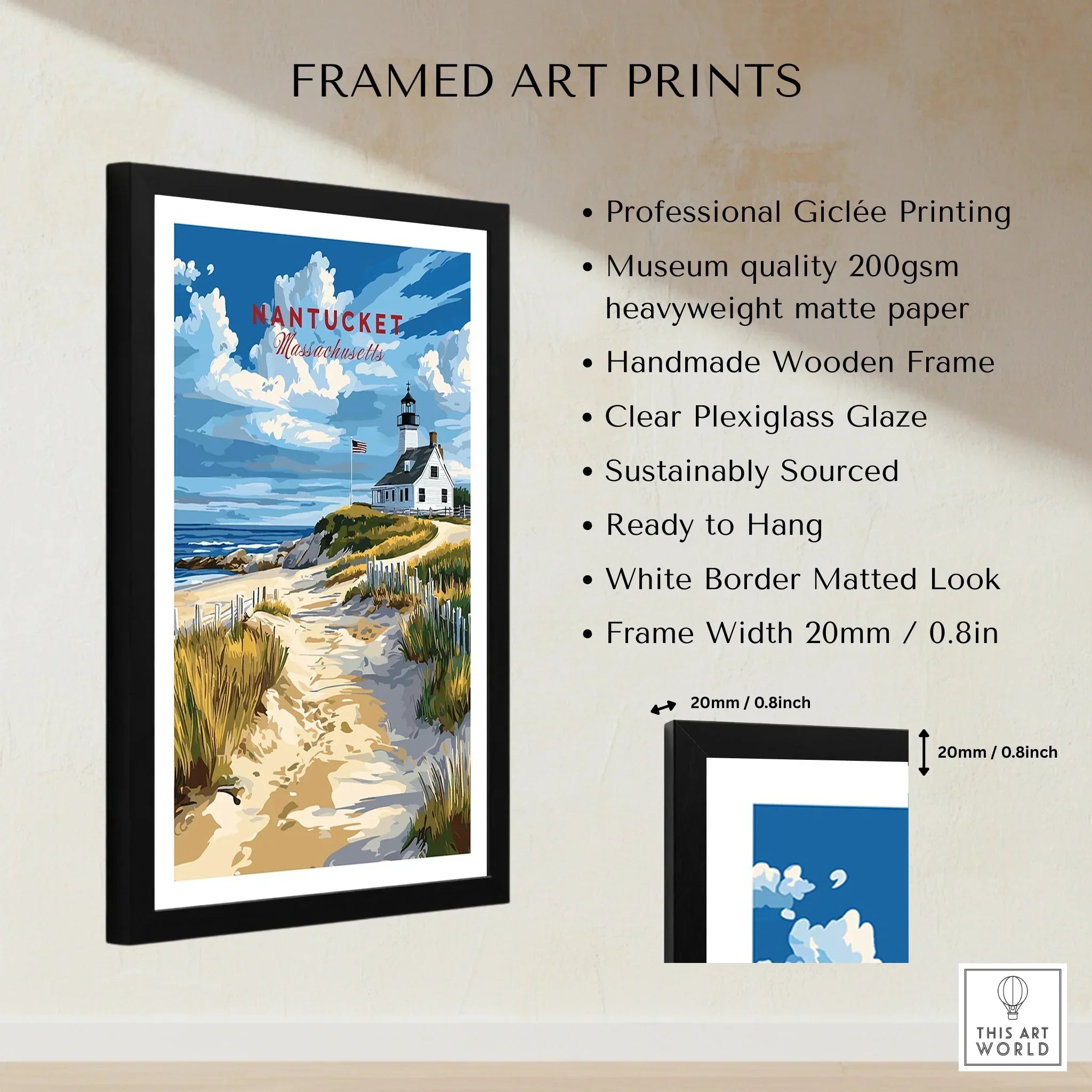 Nantucket Massachusetts travel poster print with lighthouse, beach path, and blue sky in black frame