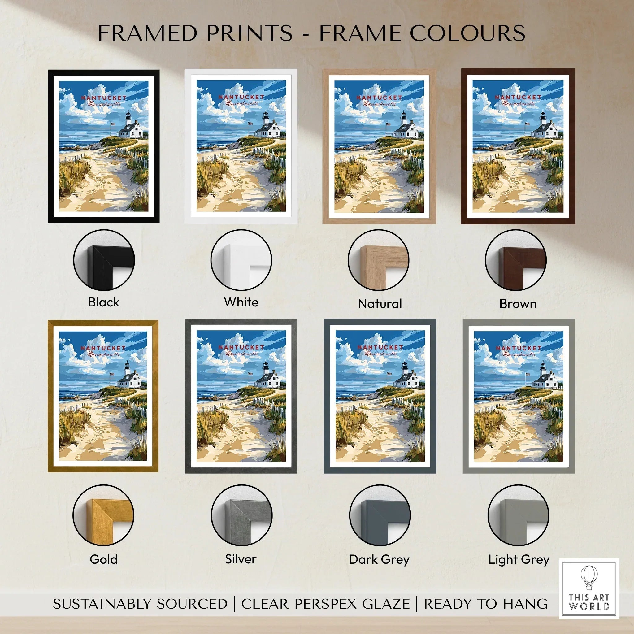 Nantucket lighthouse travel poster in 8 frame colors, ready to hang wall art for home decor