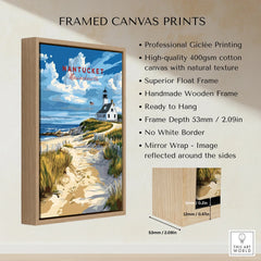 Nantucket Massachusetts lighthouse travel poster in wooden frame, beach path wall art print