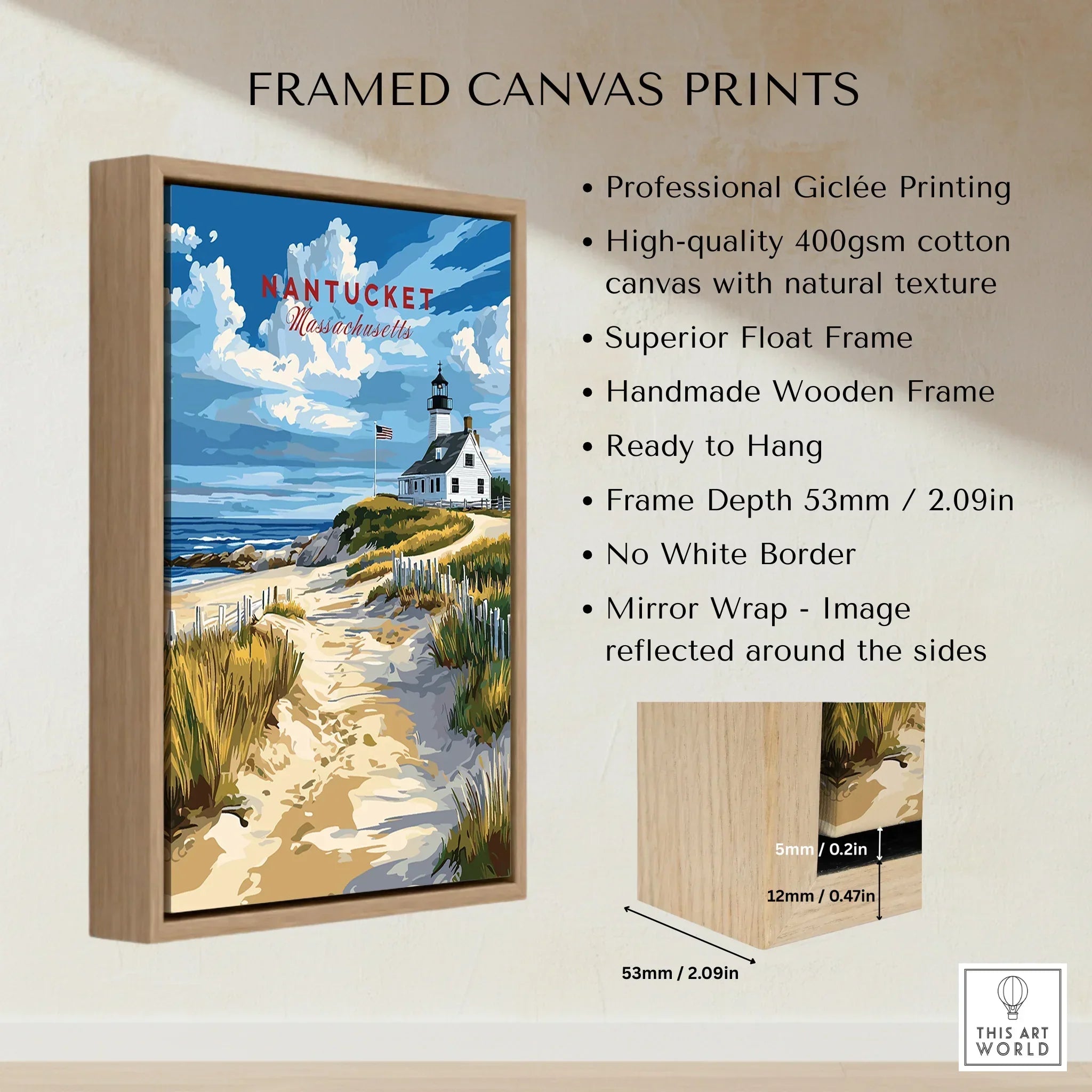 Nantucket Massachusetts lighthouse travel poster in wooden frame, beach path wall art print