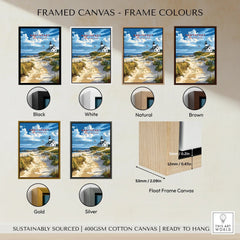 Nantucket lighthouse travel poster in black, white, natural, brown, gold, and silver float frames on canvas