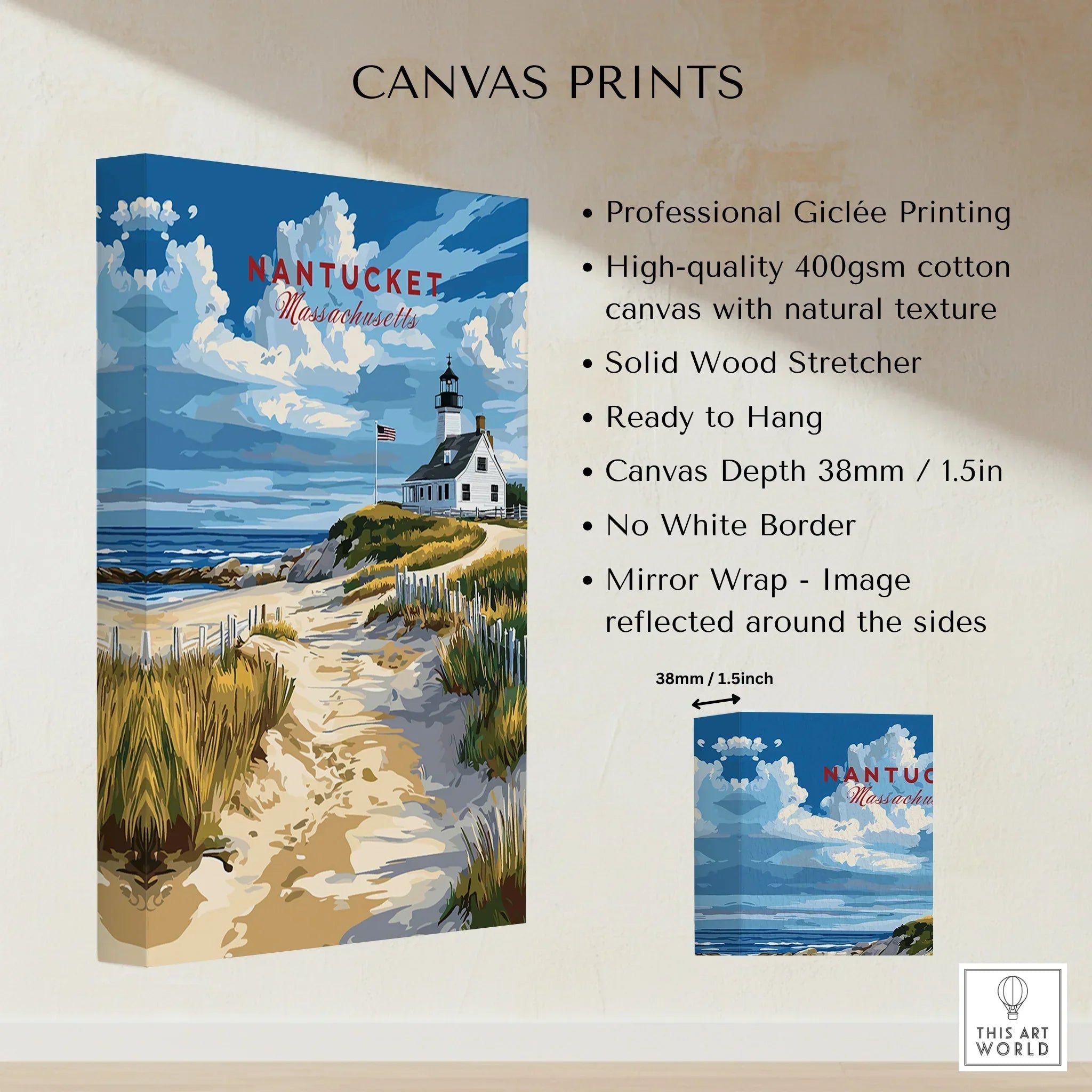 Nantucket Massachusetts lighthouse canvas print, beach scene wall art with mirror wrap, ready to hang
