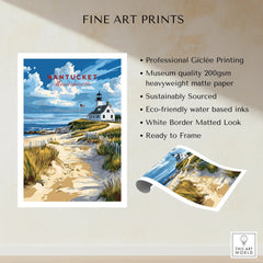 Nantucket Massachusetts lighthouse beach travel poster art print, ready to frame wall decor