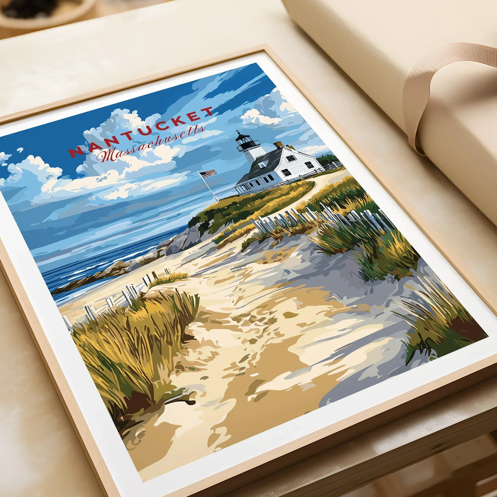 Nantucket Massachusetts travel poster with lighthouse, beach, and ocean, perfect for coastal wall art decor.