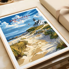 Nantucket Massachusetts travel poster with lighthouse, beach, and ocean, perfect for coastal wall art decor.