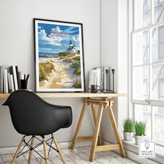 Nantucket Massachusetts travel poster with lighthouse, beach path, and coastal scenery for home wall art decor