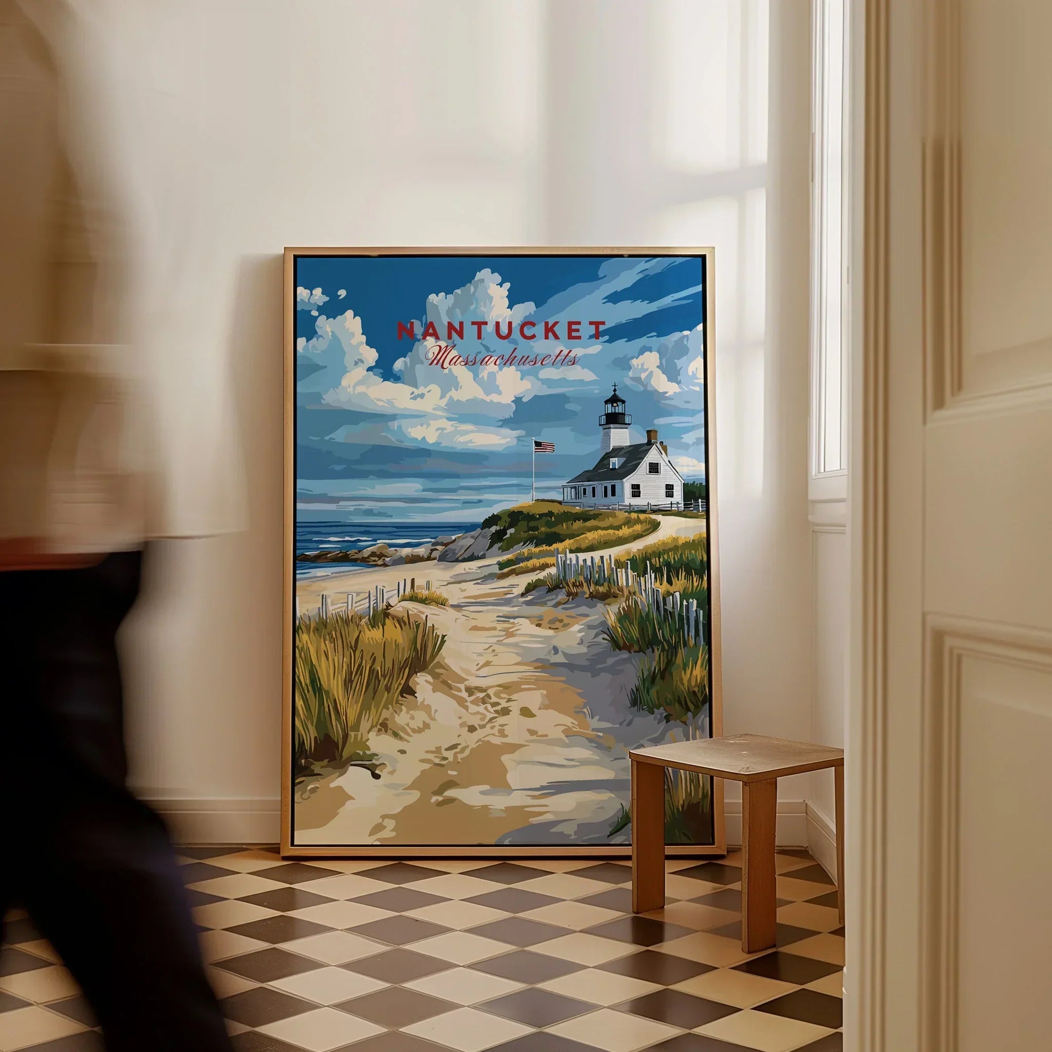 Nantucket Massachusetts travel poster with lighthouse, beach path, and coastal scenery for home wall art