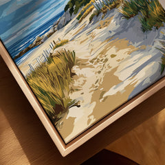 Coastal beach path art print with dunes, ocean view, and wooden frame for home wall decor