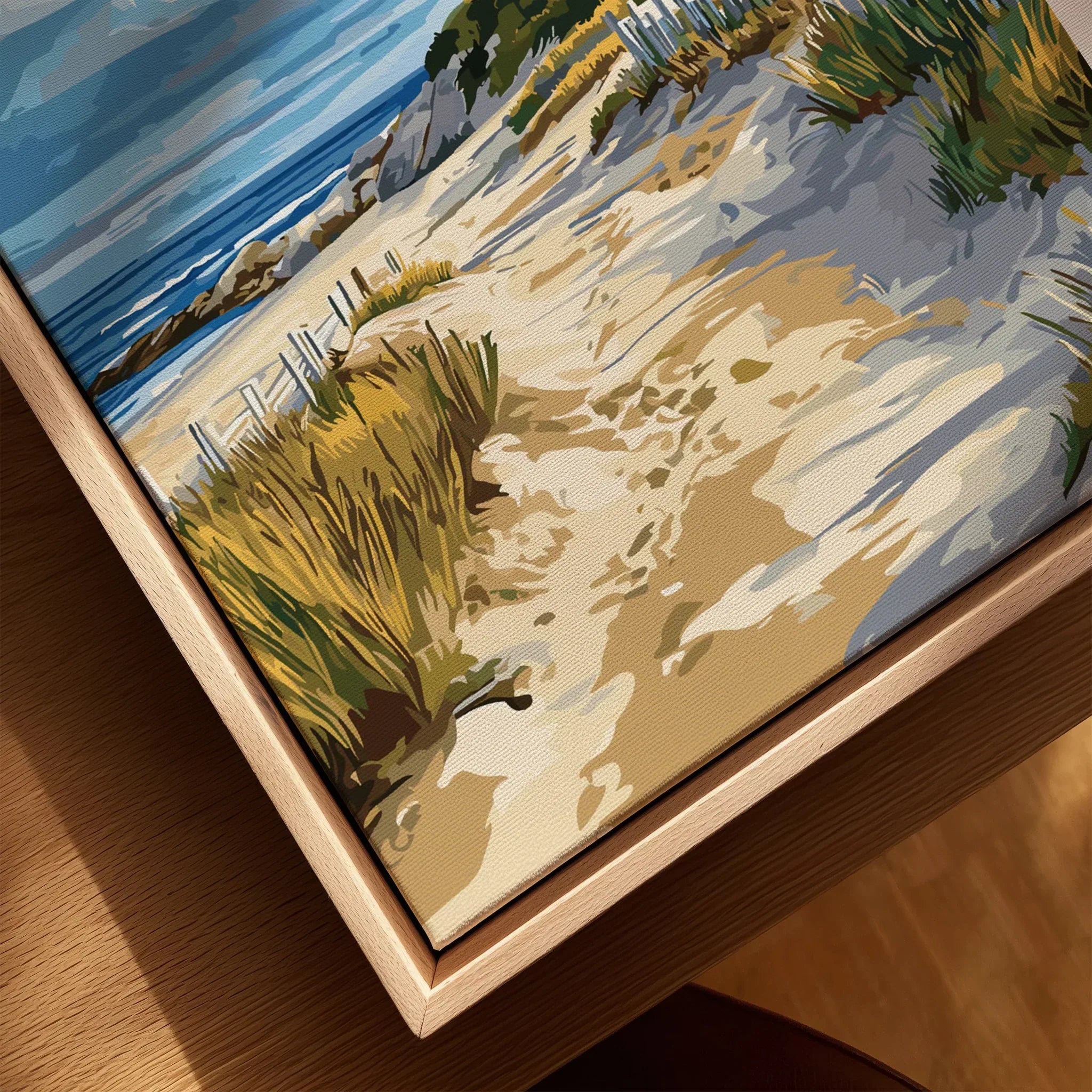Coastal beach path art print with dunes, ocean view, and wooden frame for home wall decor