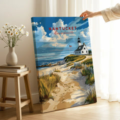 Nantucket Massachusetts travel poster with lighthouse, beach path, and coastal scenery for home wall art