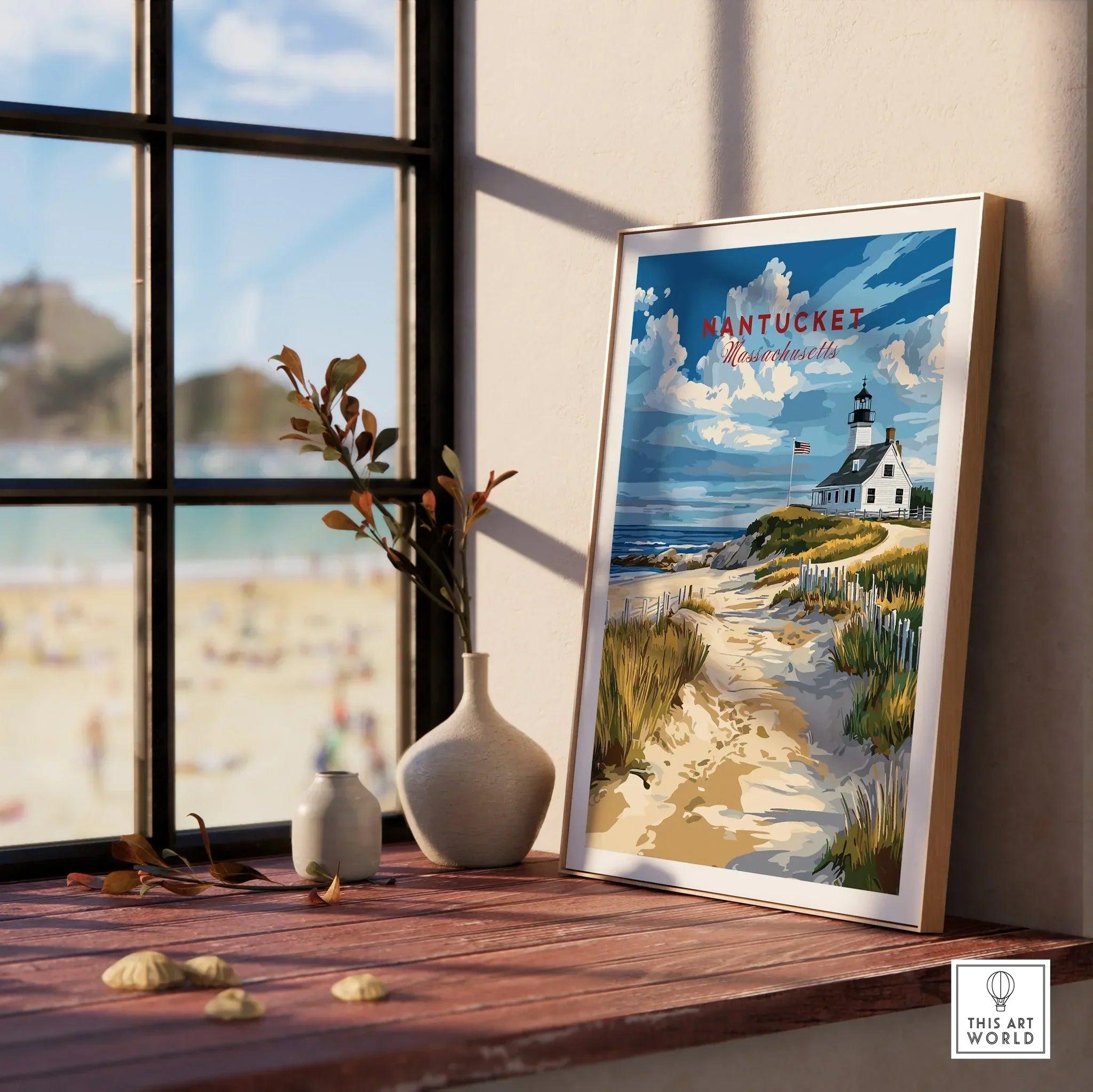 Nantucket Massachusetts travel poster with lighthouse, beach path, and coastal scenery, perfect for home wall art.