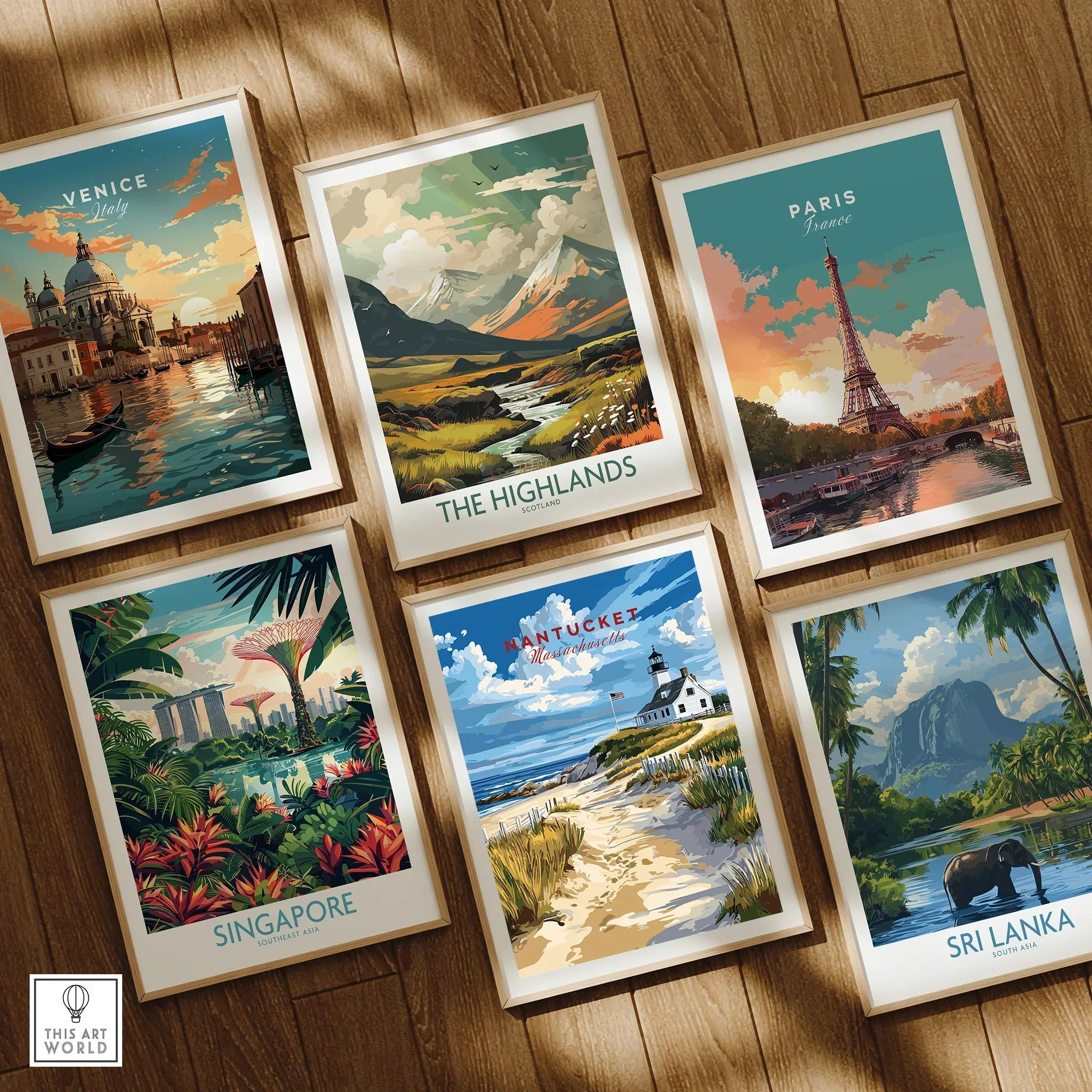 Framed travel posters of Venice, Paris, Scotland, Singapore, Nantucket, and Sri Lanka for wall art decor