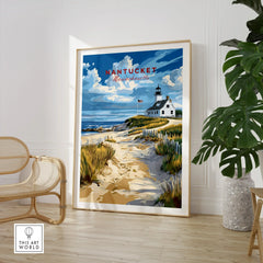 Nantucket Massachusetts travel poster with lighthouse, beach path, and coastal scenery for home wall art decor