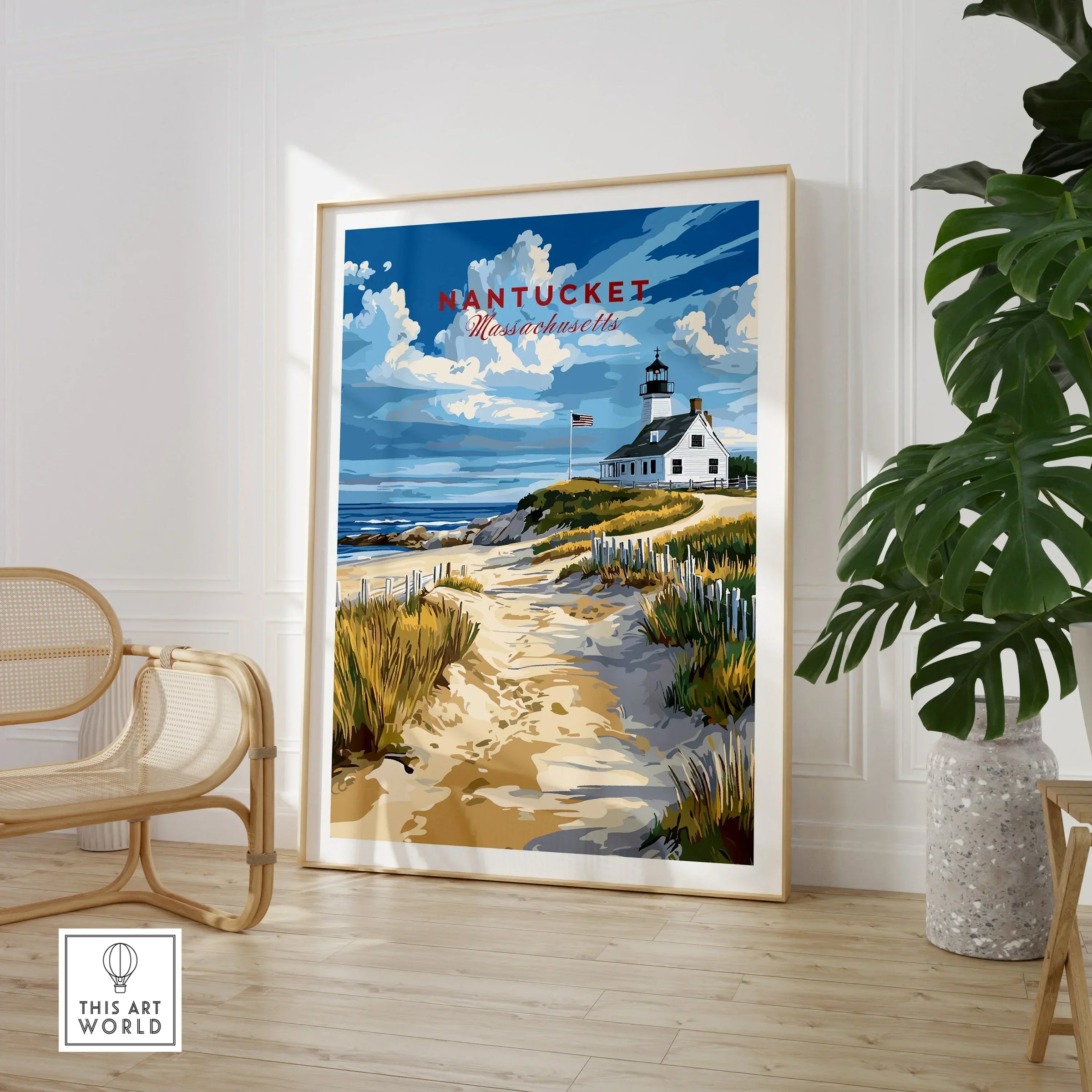 Nantucket Massachusetts travel poster with lighthouse, beach path, and coastal scenery for home wall art decor