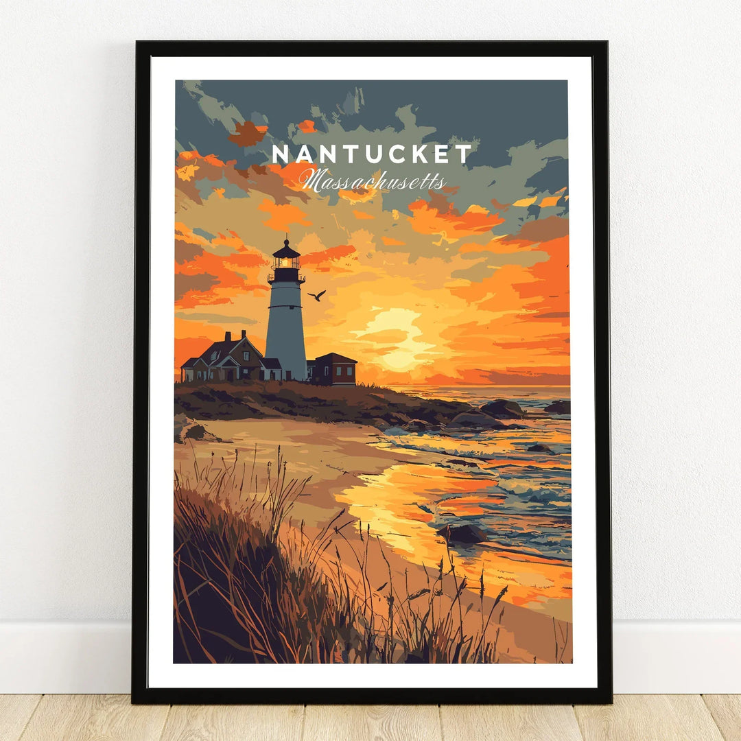 Nantucket Massachusetts travel poster with lighthouse sunset, beach wall art print for home decor
