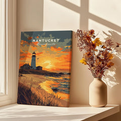 Nantucket Massachusetts travel poster with lighthouse sunset, coastal wall art for home decor