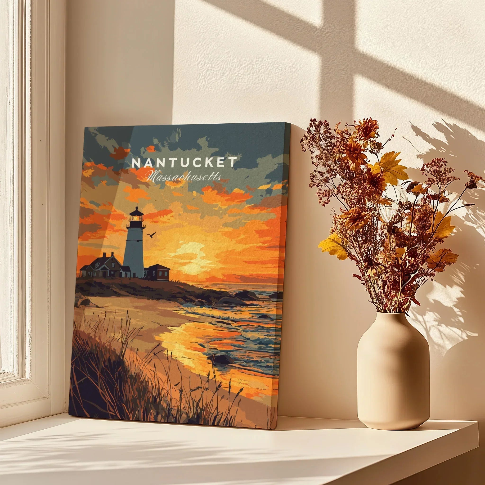 Nantucket Massachusetts travel poster with lighthouse sunset, coastal wall art for home decor