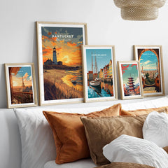 Framed travel posters of Paris, Nantucket, Copenhagen, Tokyo, and Barcelona for wall art decor