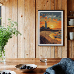 Nantucket Massachusetts travel poster with lighthouse sunset, coastal wall art for home decor