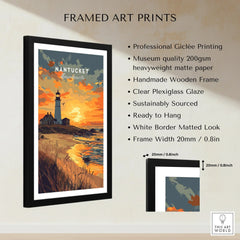 Nantucket Massachusetts lighthouse travel poster in black frame, sunset beach art print for home decor