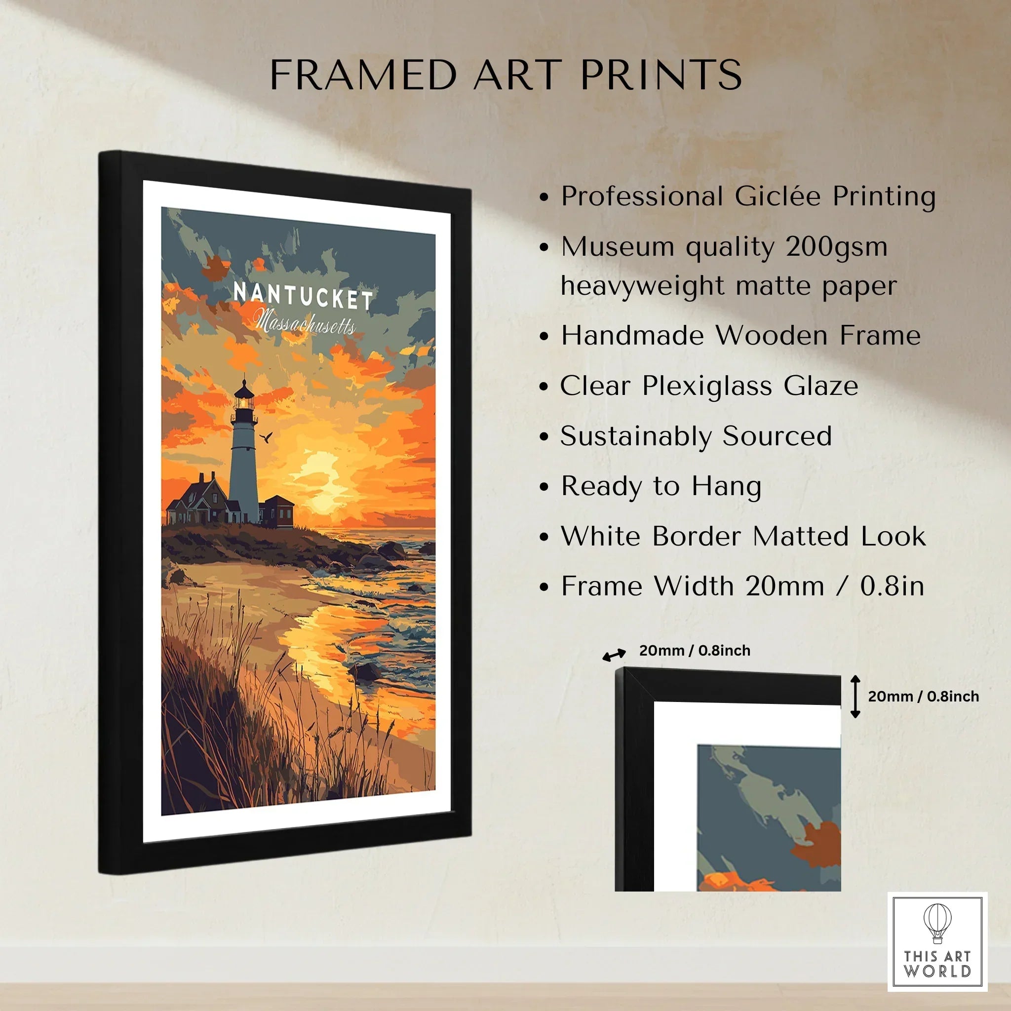 Nantucket Massachusetts lighthouse travel poster in black frame, sunset beach art print for home decor