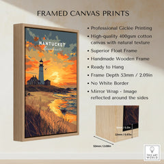 Nantucket Massachusetts lighthouse sunset travel poster in wooden float frame, coastal wall art decor