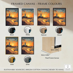 Nantucket lighthouse sunset art print in black, white, natural, brown, gold, silver frames, float frame canvas