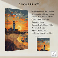 Nantucket Massachusetts lighthouse canvas print with sunset beach scene, travel poster wall art