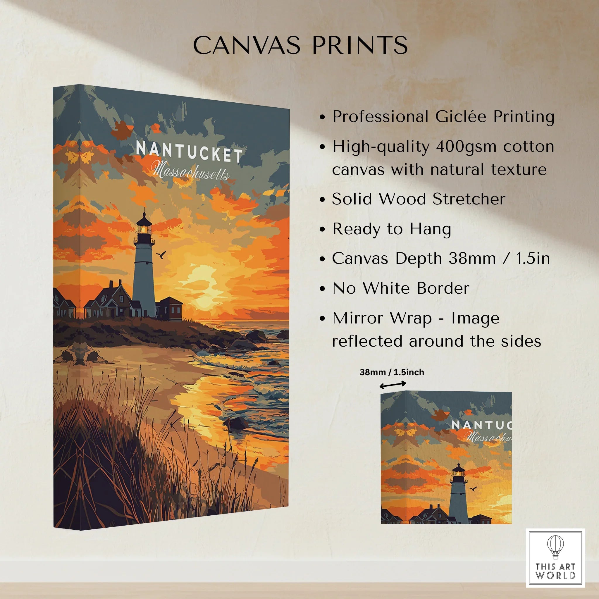 Nantucket Massachusetts lighthouse canvas print with sunset beach scene, travel poster wall art