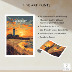 Nantucket Massachusetts lighthouse sunset travel poster, fine art print with white border, ready to frame