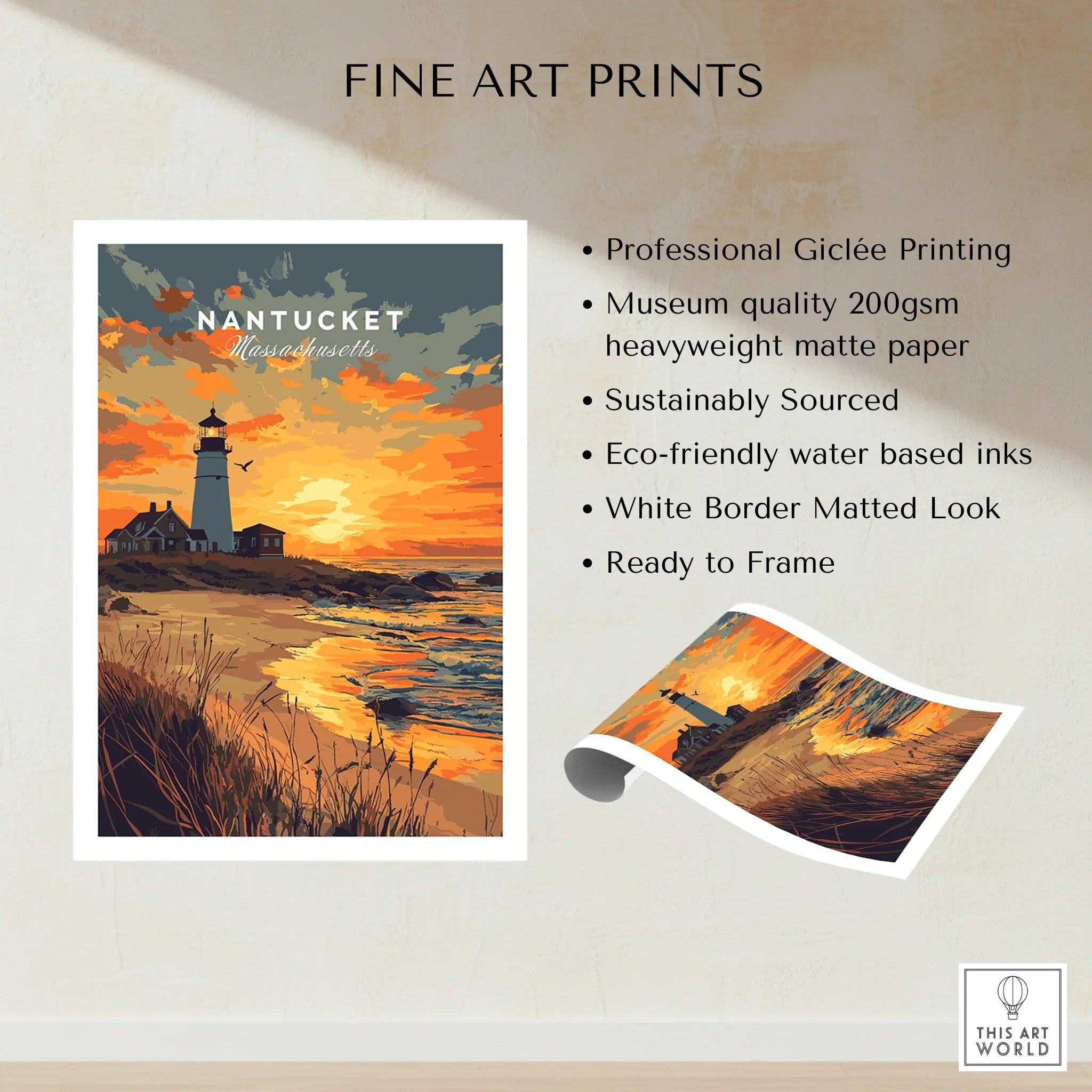 Nantucket Massachusetts lighthouse sunset travel poster, fine art print with white border, ready to frame