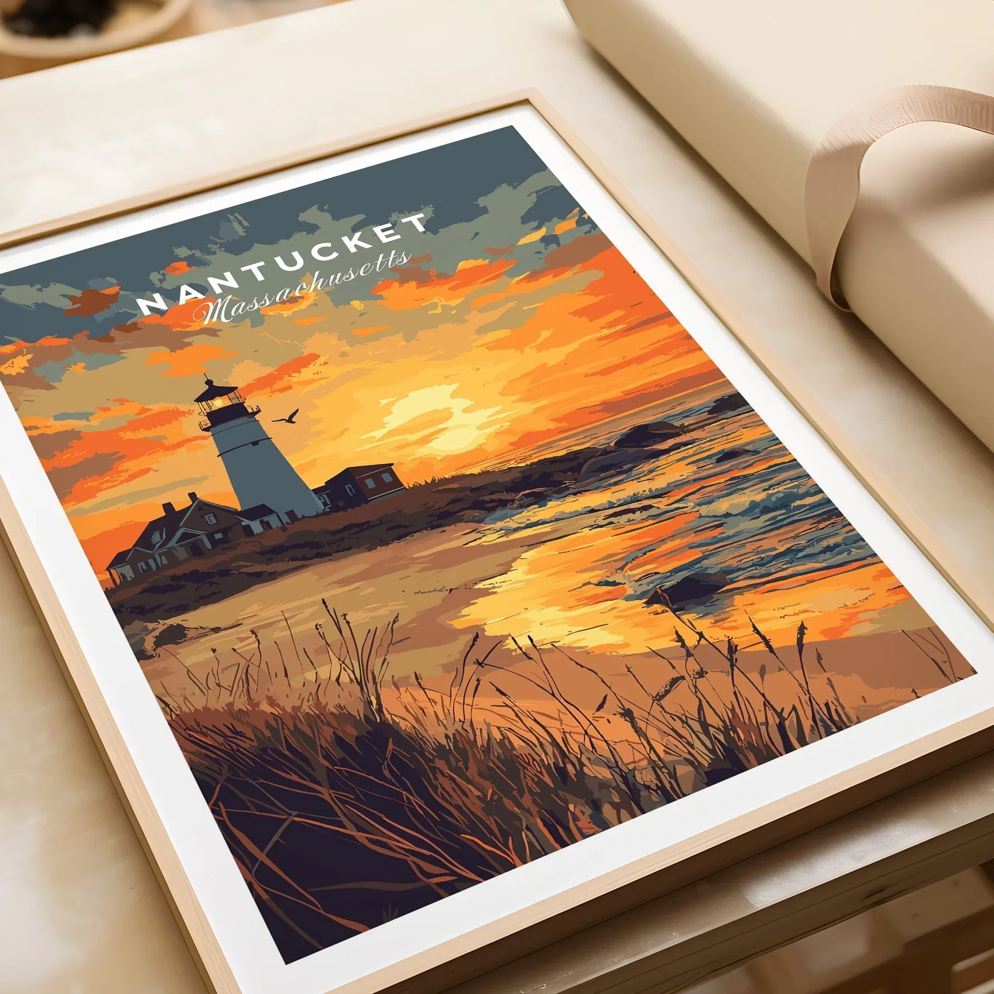 Nantucket Massachusetts travel poster with lighthouse sunset, coastal wall art print for home decor
