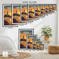 Nantucket lighthouse wall art in various sizes, perfect for coastal home decor and travel-themed spaces.