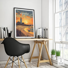 Nantucket Massachusetts travel poster with lighthouse sunset, coastal wall art for home decor