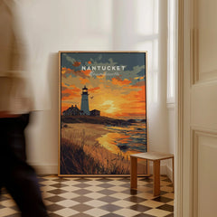 Nantucket Massachusetts travel poster with lighthouse sunset, coastal wall art for home decor