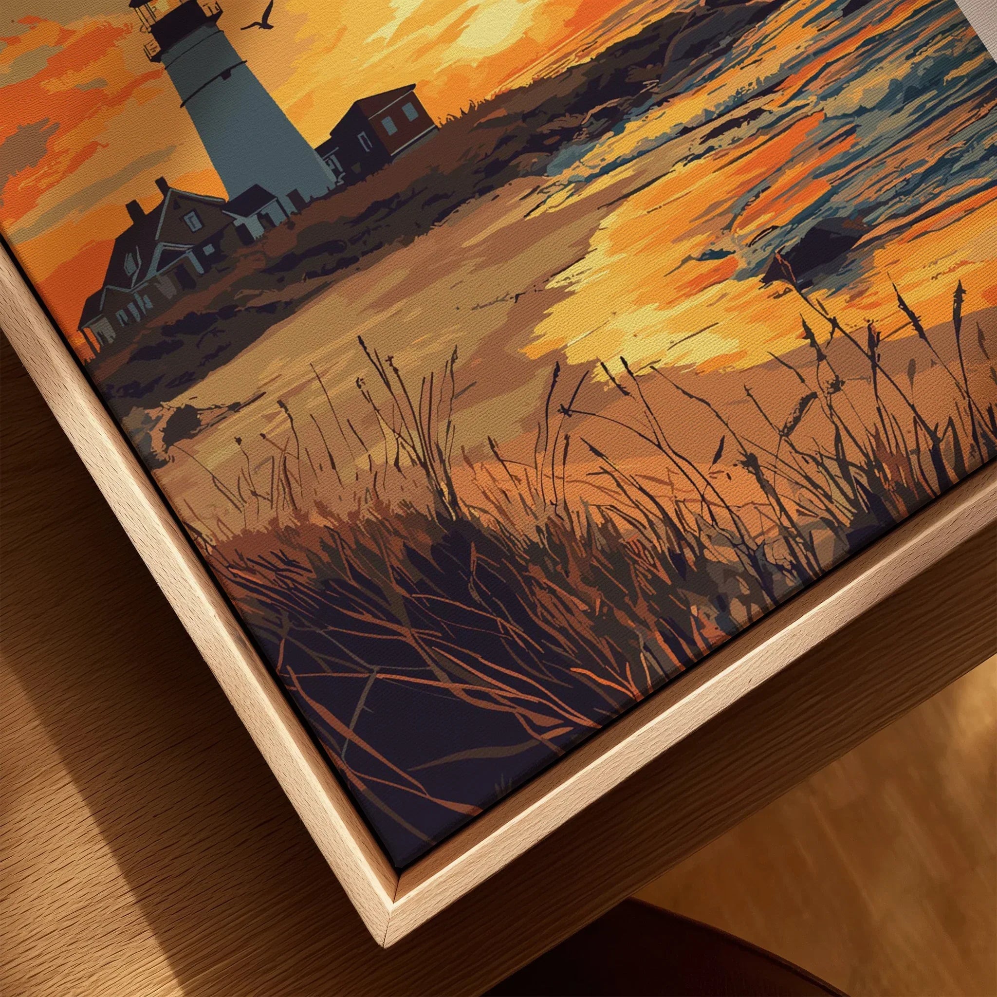 Lighthouse sunset canvas art with coastal houses, golden sky, and beach grass, framed for wall decor